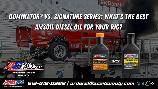 Side-by-side comparison of AMSOIL DOMINATOR Competition Diesel Oil vs. Signature Series Max-Duty Diesel Oil showing use case, zinc levels, drain intervals, and intended purpose