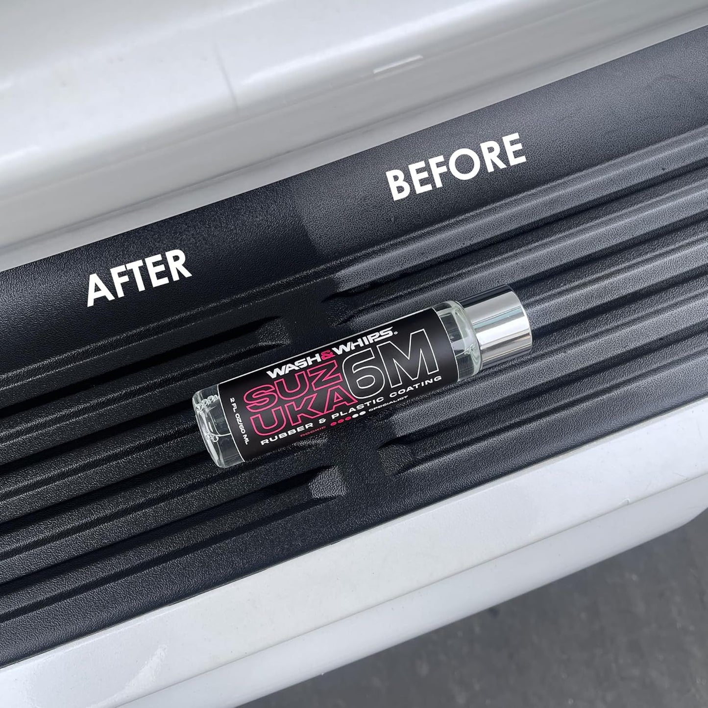 WASH&WHIPS Suzuka 6M Rubber & Plastic Coating for Cars, Restores and Brings Back Black - Concentrated Formula Non-Greasy, 60ml - AC Oil & Supply