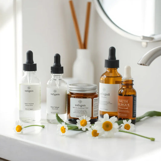 Assorted vegan skincare bottles and jars with aloe leaves and chamomile on a clean vanity