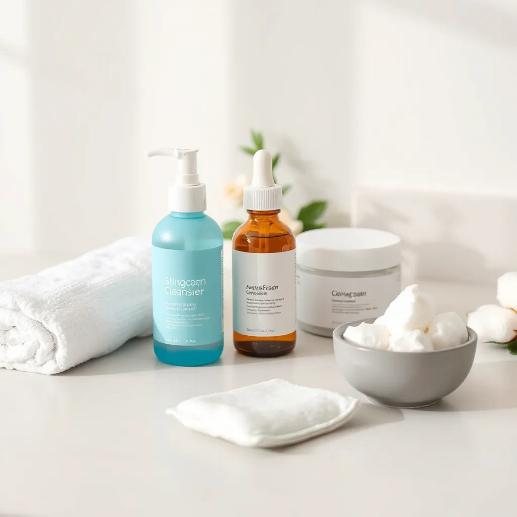 Gentle skincare items for sensitive skin arranged on a clean vanity in soft daylight