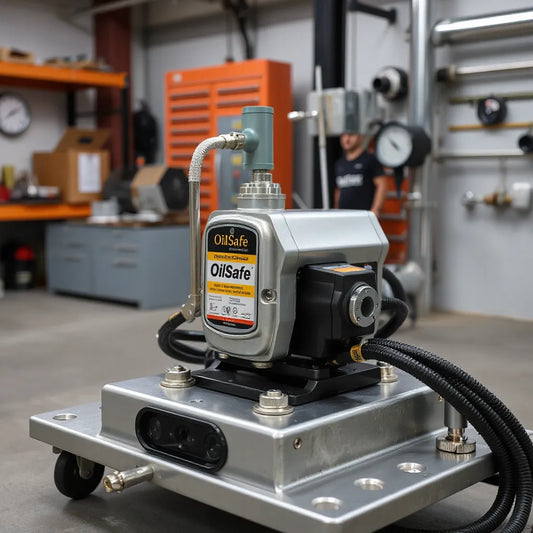 OilSafe fluid pump on a test stand with connected hoses in a clean workshop
