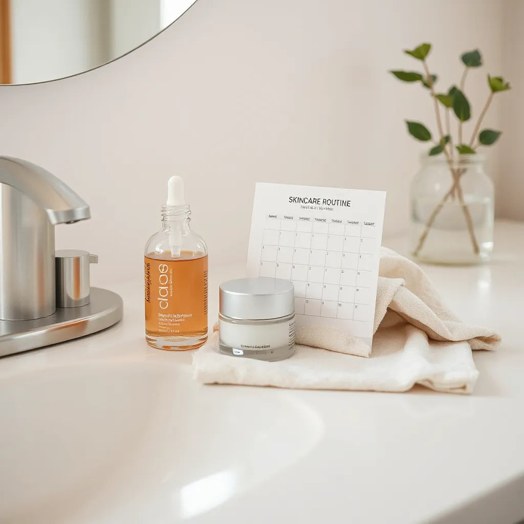 Skincare products neatly arranged on a clean vanity for building a personalized routine