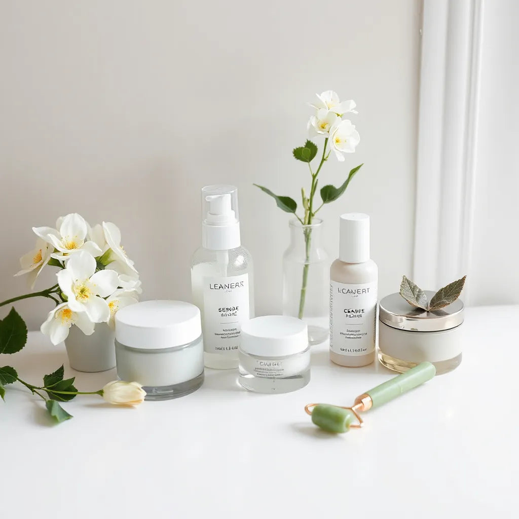 Neatly arranged cruelty-free skincare products on a clean vanity under soft natural light