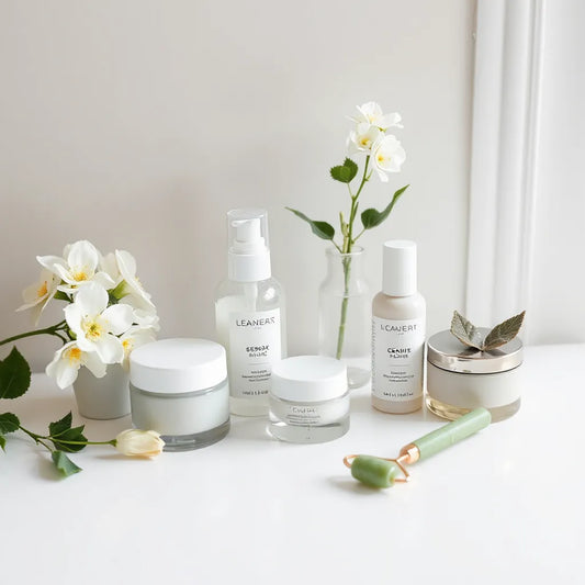 Neatly arranged cruelty-free skincare products on a clean vanity under soft natural light