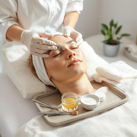 Professional skincare treatment with serum applied to a person’s face in a bright spa setting