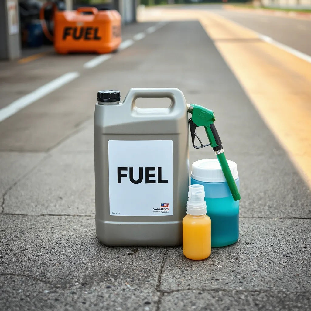 Racing fuel canister and nozzle on a pit lane concrete surface
