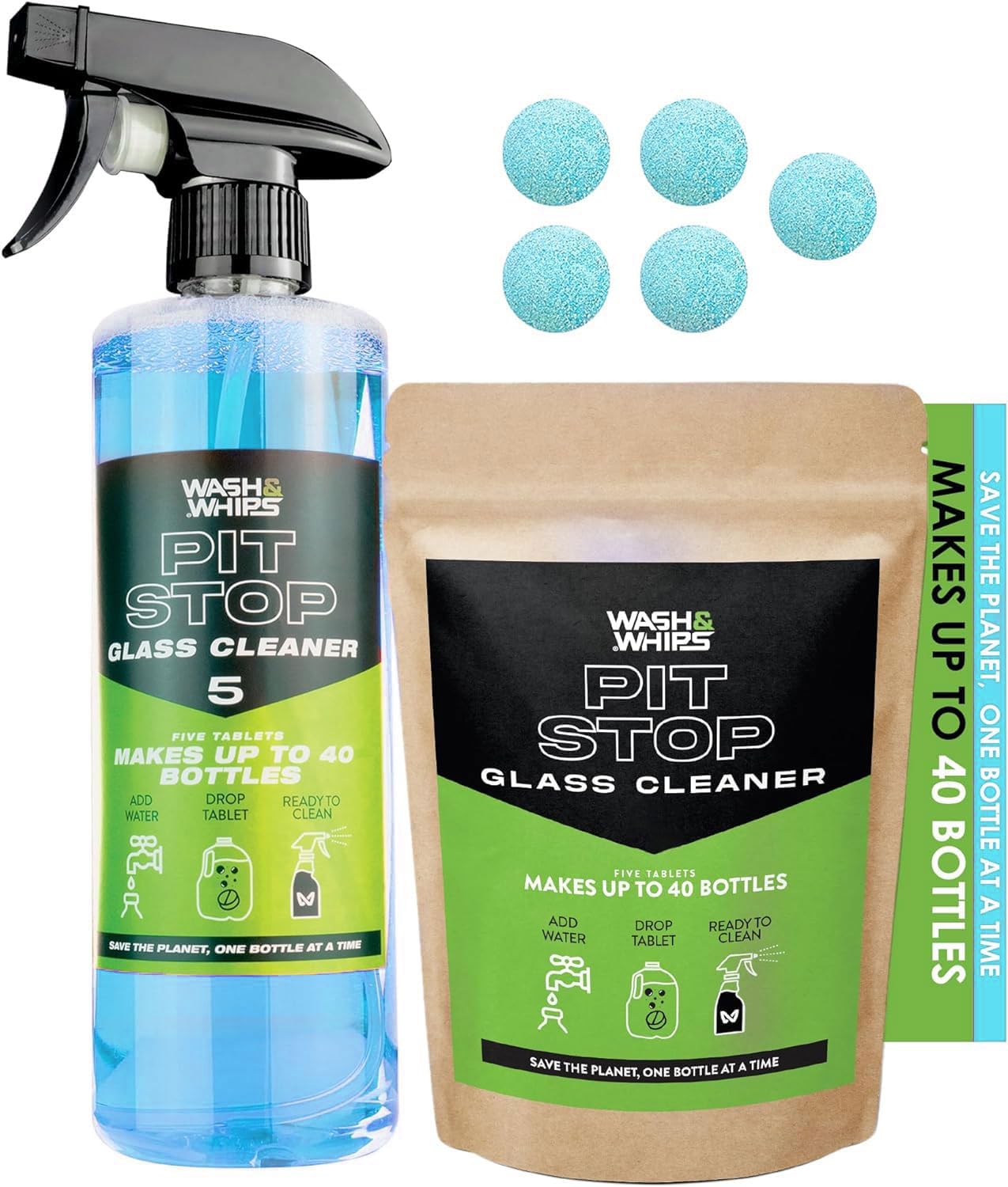 WASH&WHIPS Pit Stop Glass Cleaner / All Surface Cleaner Refill Tablets (Makes 5 Gallons) - AC Oil & Supply