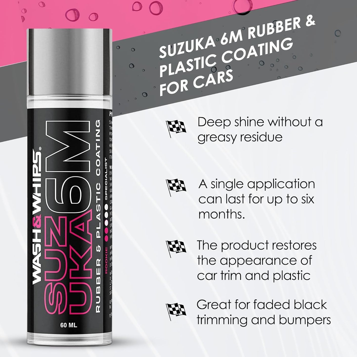 WASH&WHIPS Suzuka 6M Rubber & Plastic Coating for Cars, Restores and Brings Back Black - Concentrated Formula Non-Greasy, 60ml - AC Oil & Supply