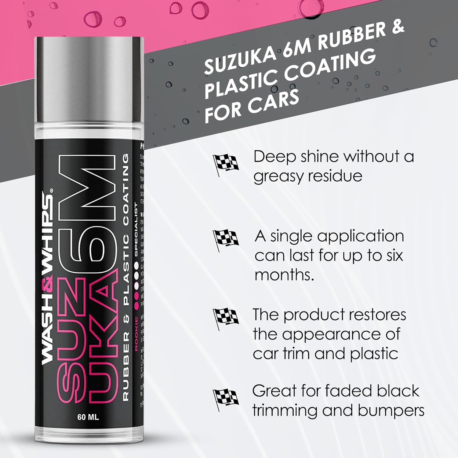 WASH&WHIPS Suzuka 6M Rubber & Plastic Coating for Cars, Restores and Brings Back Black - Concentrated Formula Non-Greasy, 60ml - AC Oil & Supply
