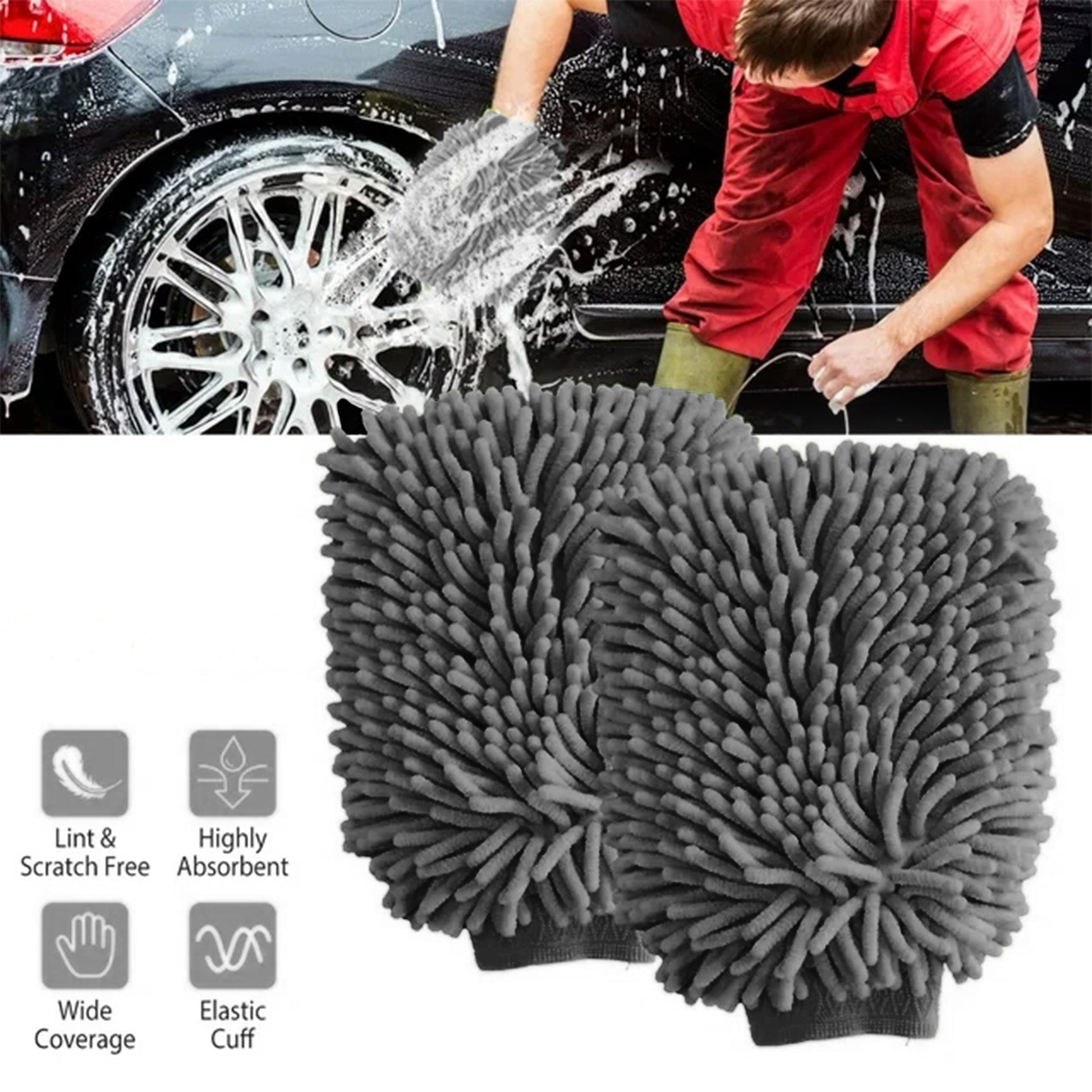 WASH&WHIPS Microfiber Chenille Car Cleaning Mitt - 2pk - AC Oil & Supply